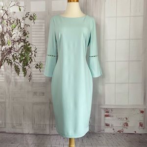 Calvin Klein 8 Mint Green Aqua Sheath Dress Bell Sleeves Stretch Lined Pearl EUC